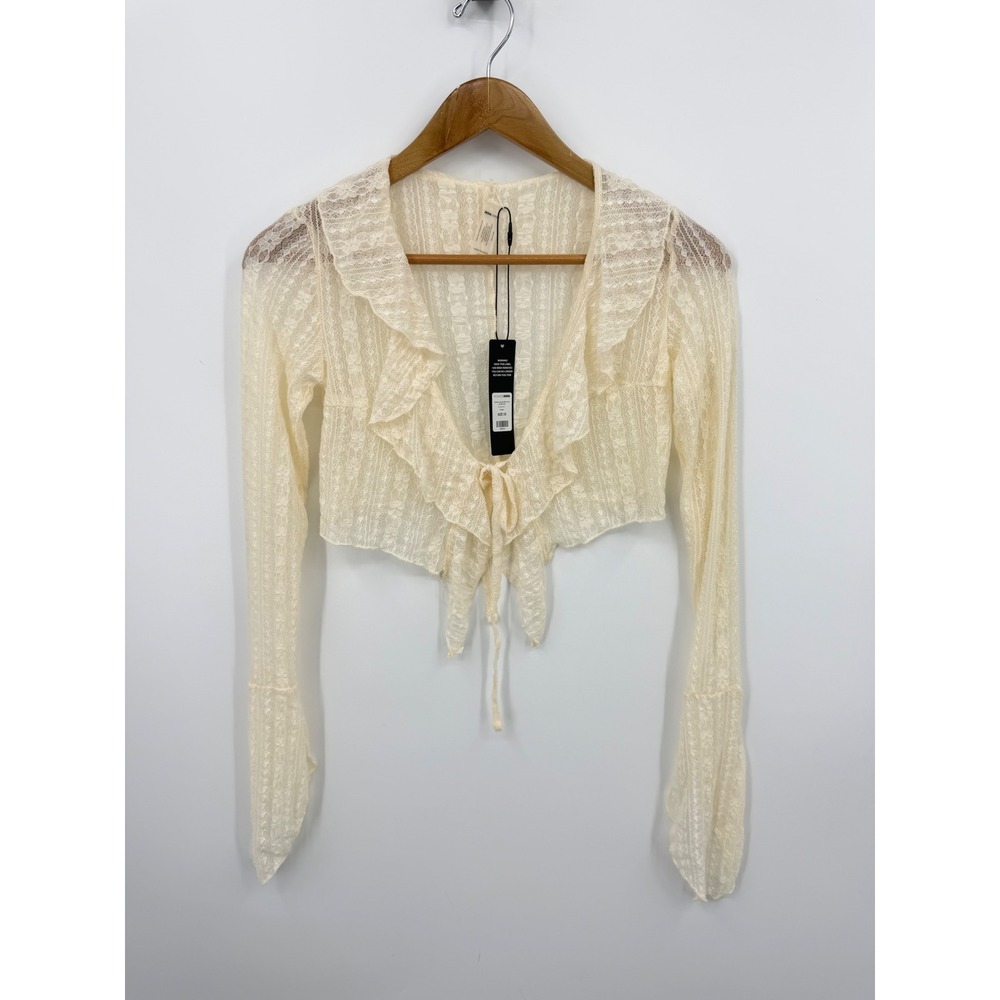 Fashion Nova Camelia Lace Ruffle Cover Up Shrug Women XS Cream Sheer Tie Front